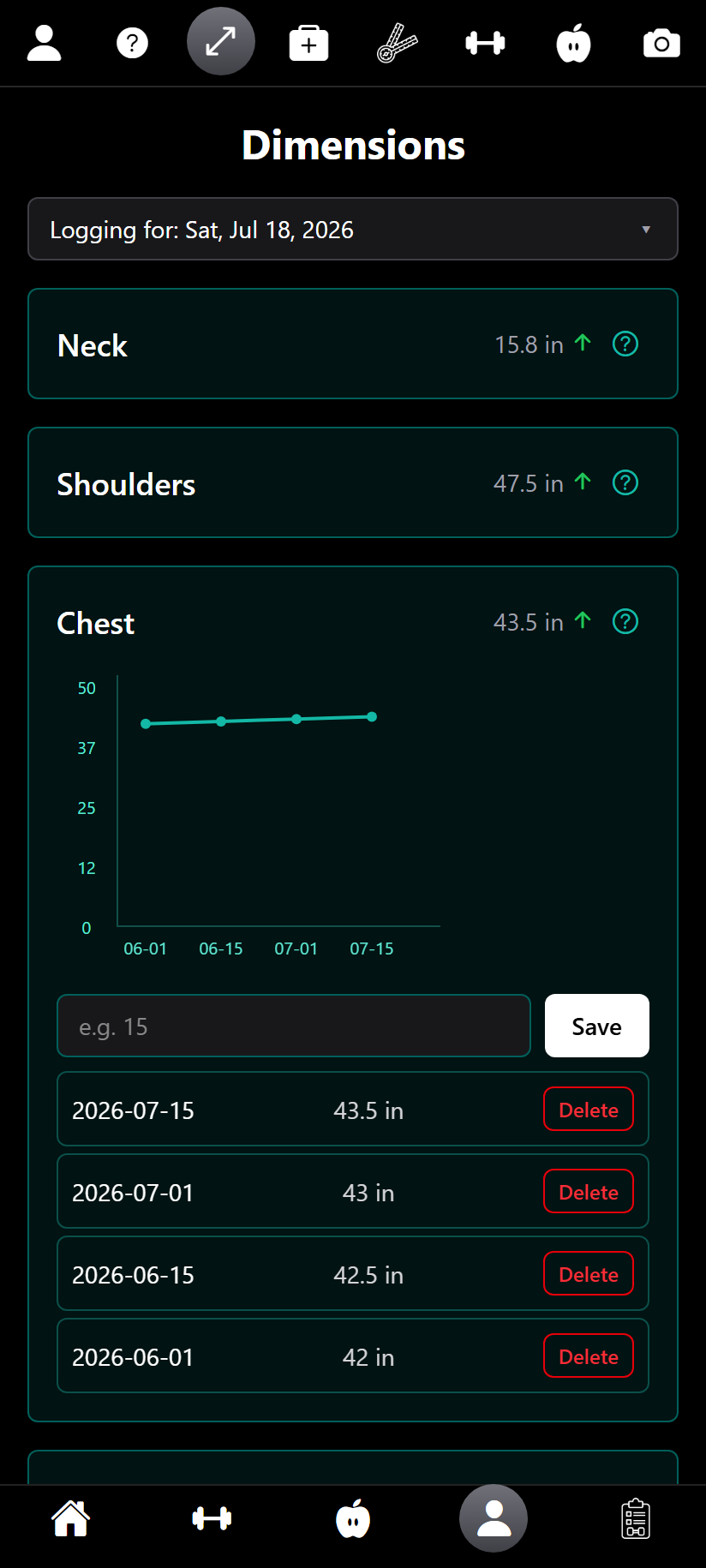 Body dimensions screenshot